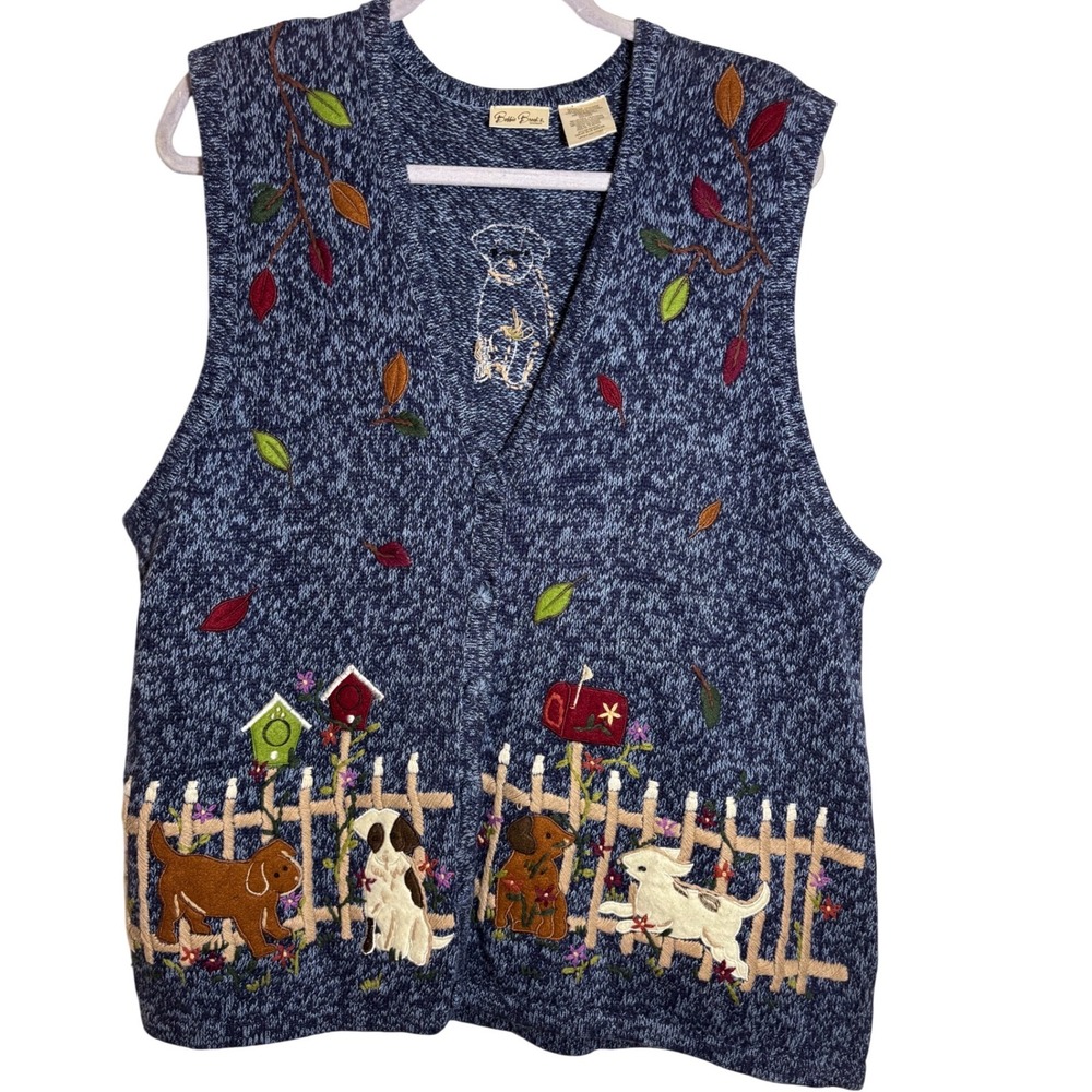 Vintage Bobbie Brooks Fall Puppies Embroidered Knit Vest‎ 18W/20W (Fits L/XL)